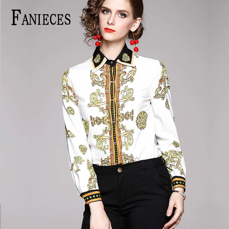 

Runway Shirt Women Fashion Elegant Long Sleeve Blouse Office Ladies Blue Pink Floral Print Work Wear Blusas Shirt Blouses Femme