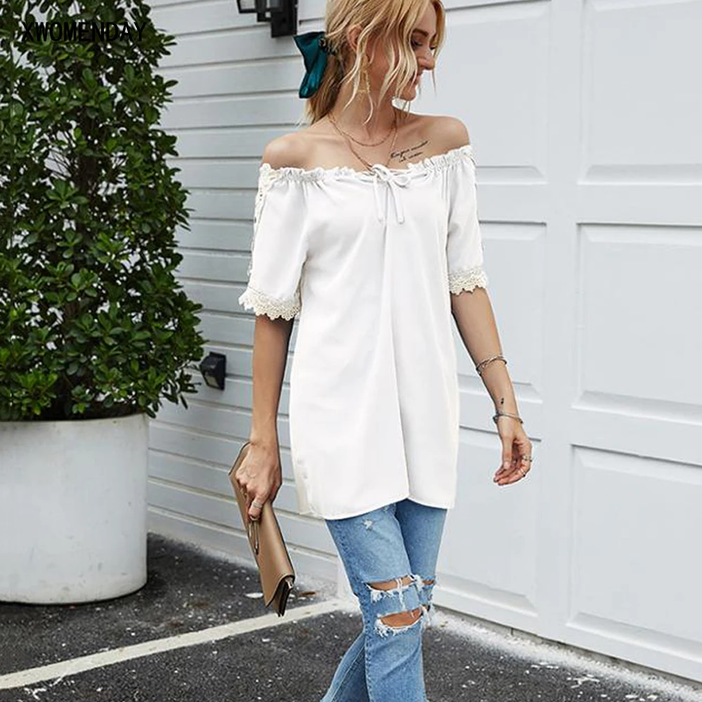 Длинная Блузка 4XL 5XL размера плюс Женская Белая Кружевная летняя блузка с