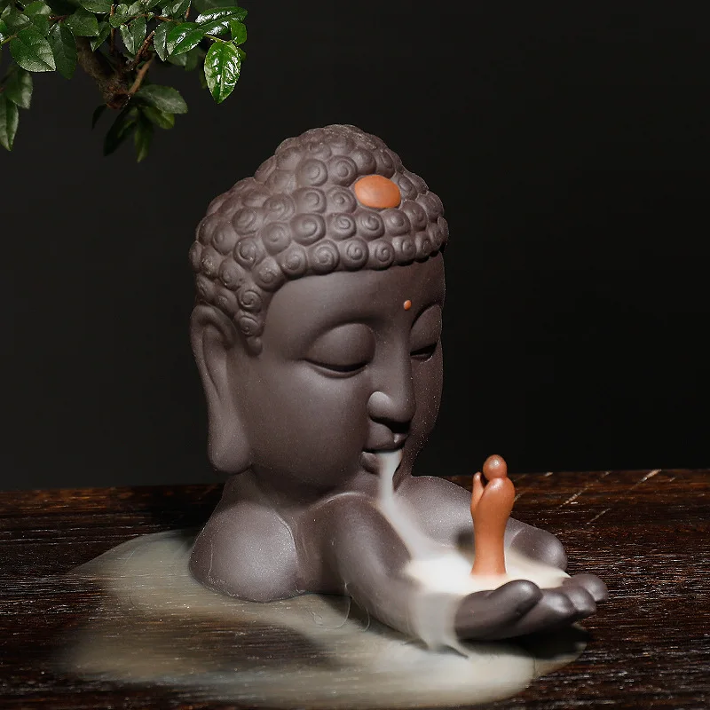 Buddha Hand Backflow Incense Burners Purple Clay Smoke Fountain Waterfall Censer Holder Zen Room Decor Buddhist Temple Supplies