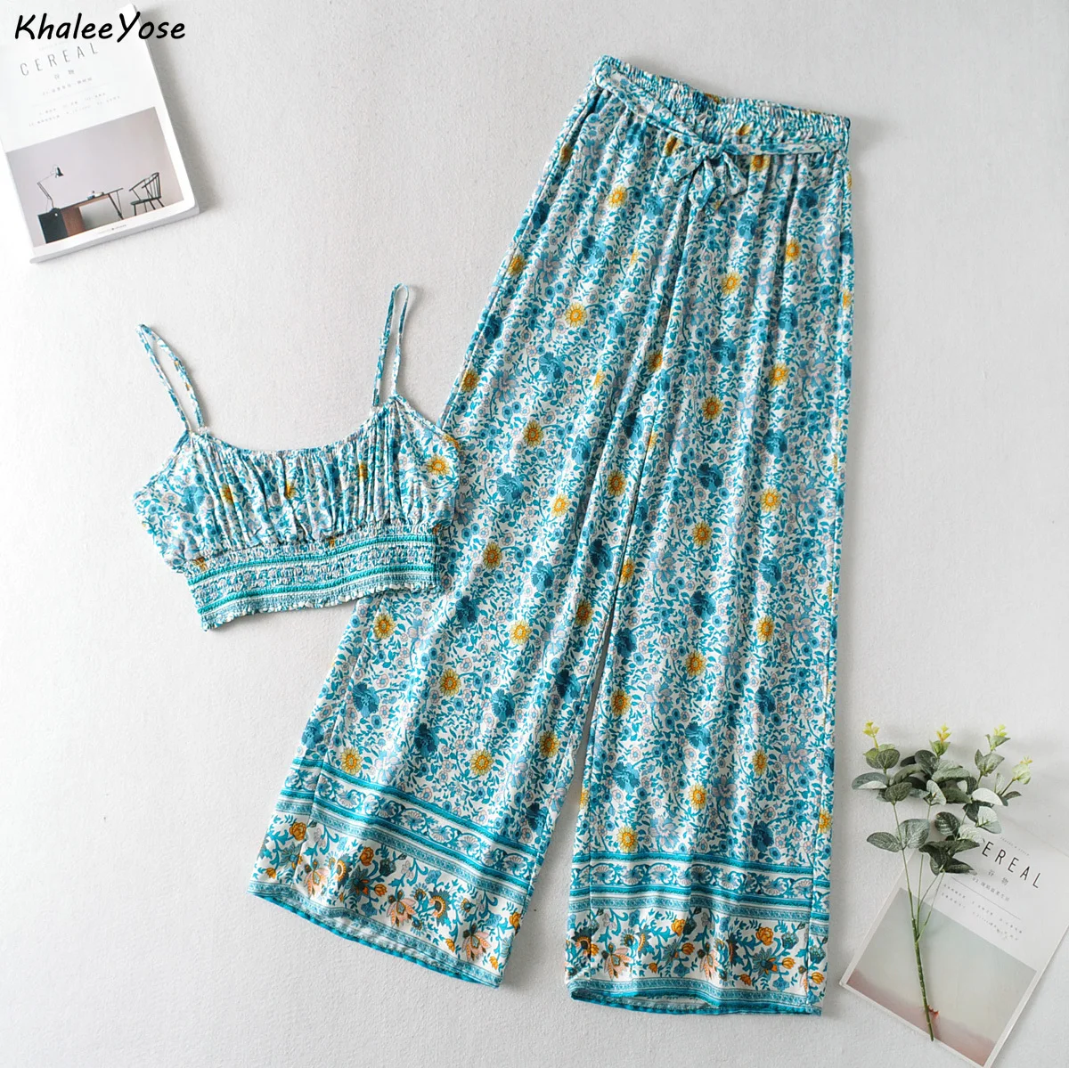 

KHALEE YOSE, летний комплект из 2 предметов с цветочным принтом в стиле бохо для женщин, сексуальный праздничный укороченный топ с широкими штани...