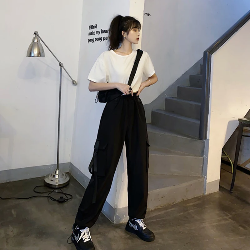 Брюки карго с большими карманами женские свободные штаны завышенной талией