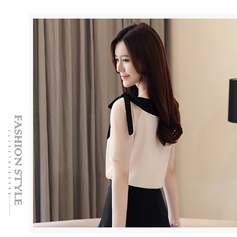 

Houthion New Chiffon Women's Blouses Fashion Shirt Short Sleeve Top O-neck Slim Solid Blouse Summer Regular