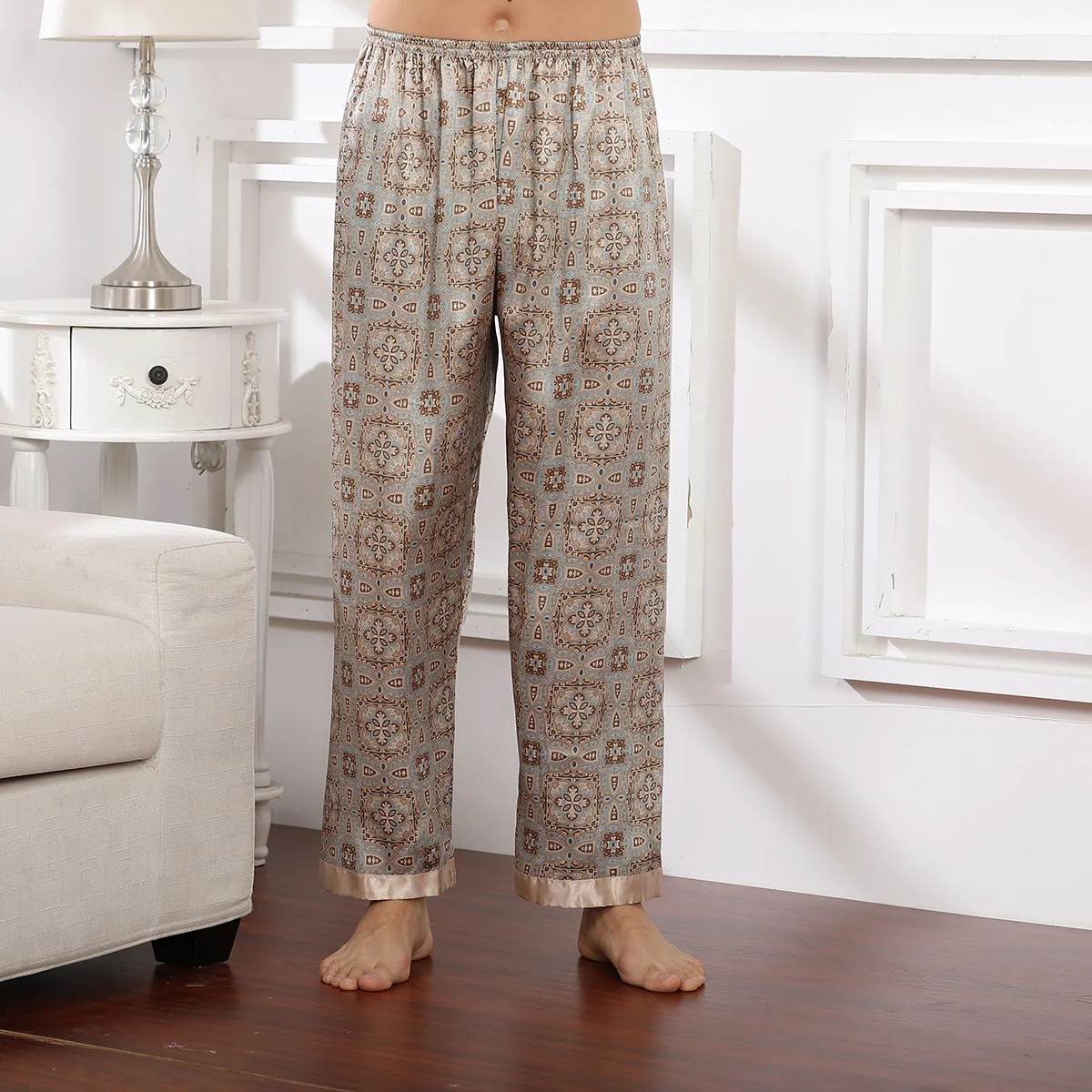 Print Pants Satin Sleepwear Men Pajamas Sleep Bottoms Casual Nightwear PJS Faux Silk Pijamas Home Pants Spring Summer New