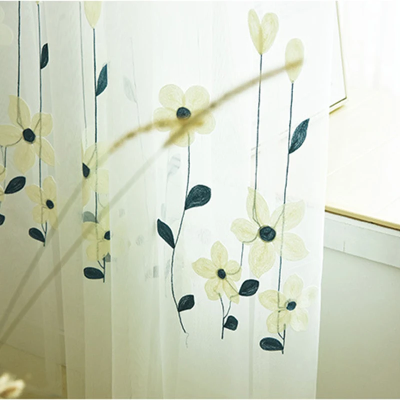 Занавески в американском стиле тюль для гостиной с вышивкой зеленые цветочные