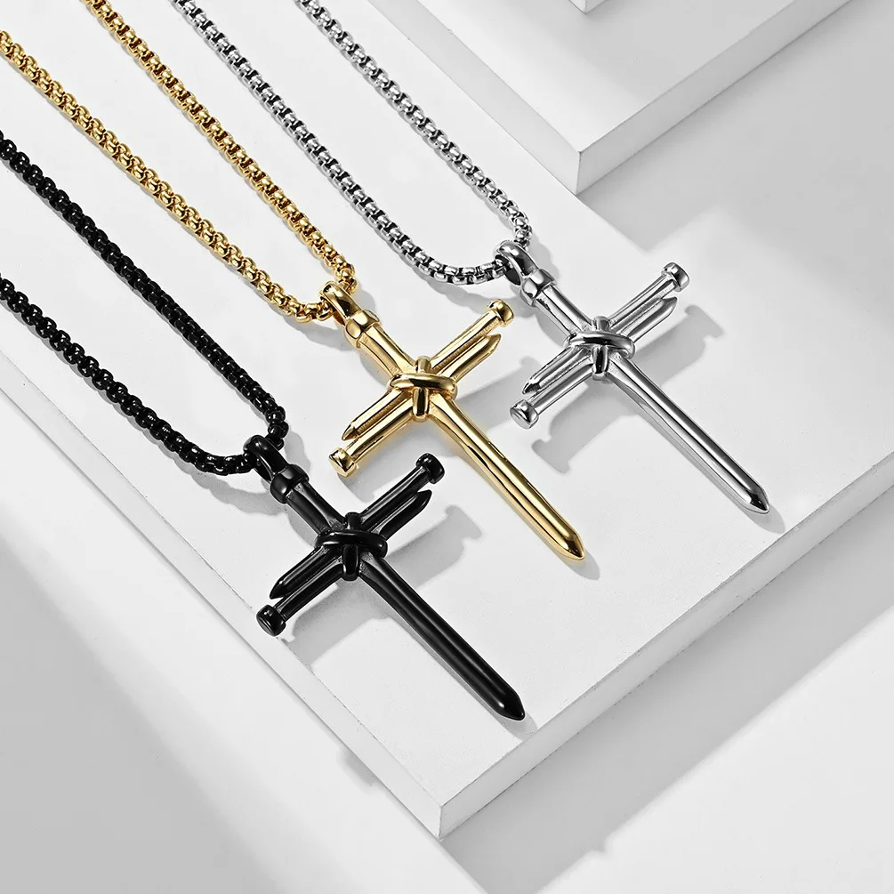 

Wholesale Items Steampunk Streetwear Christian Cross Nail Pendant Necklaces Men Boy Titanium Stainess Steel Link Chain On Neck