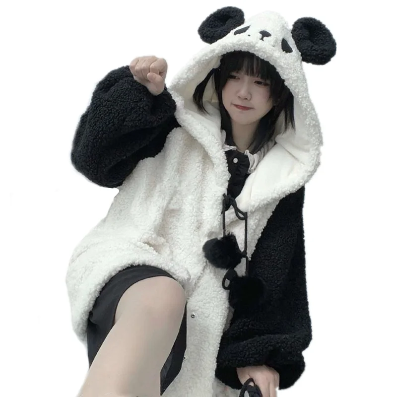 Winter Kawaii Hoodies Women Panda Ears Hooded Sweatshirt Plush Balls Zip-up Loose Cute Sudadera Teenager School Girls JK Clothes