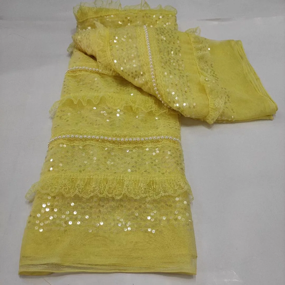 

yellow african net lace french sequin fabric 2021 high quality embroidered nigerian tulle laces mesh fabrics for sewing