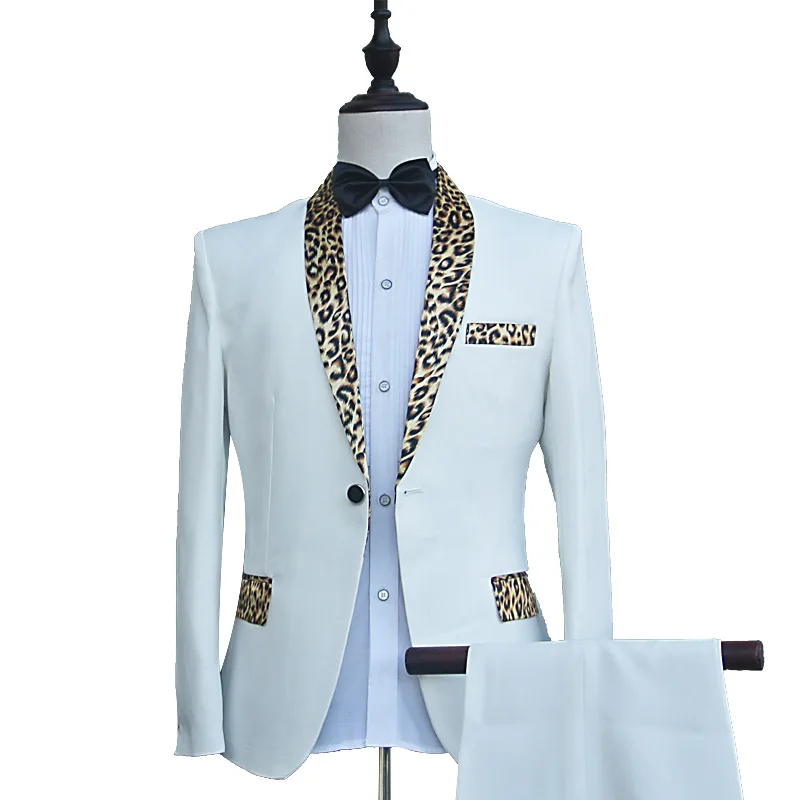 

2020 Men Leopord Pattern Joint Collar Suit New Style Performance Stage Host Master of Ceremonies Formal Dress Two Pieces