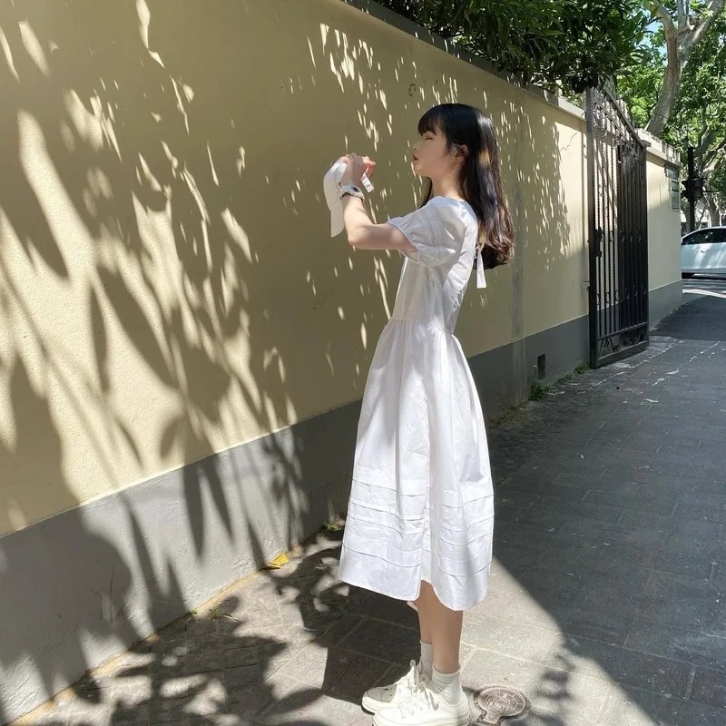 Платья Женские однотонные Ulzzang Простые Летние универсальные с пышными рукавами
