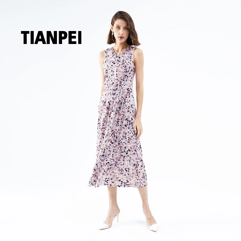 

Miyake pleated floral women's dress summer New two-piece A-line dress V-neck split dress