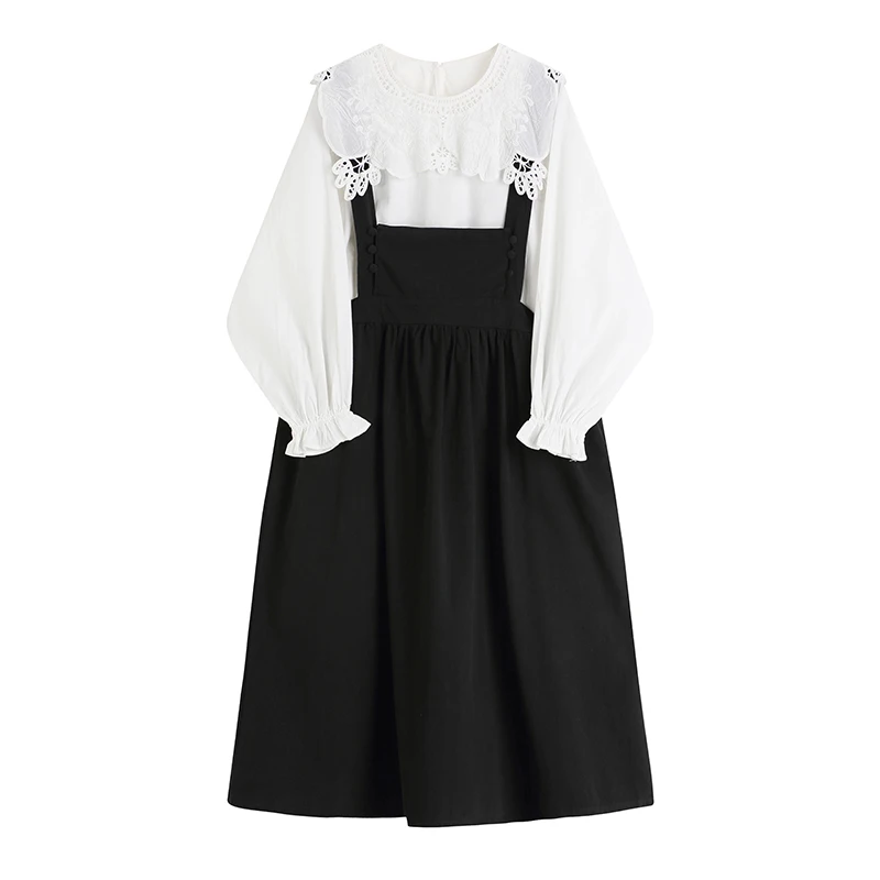 

Frocks For Women Dress Suit Sling Female Plus Size Long Sleeve Shirts Breasted White Shirt Black Sling Dress Two-piece Suit