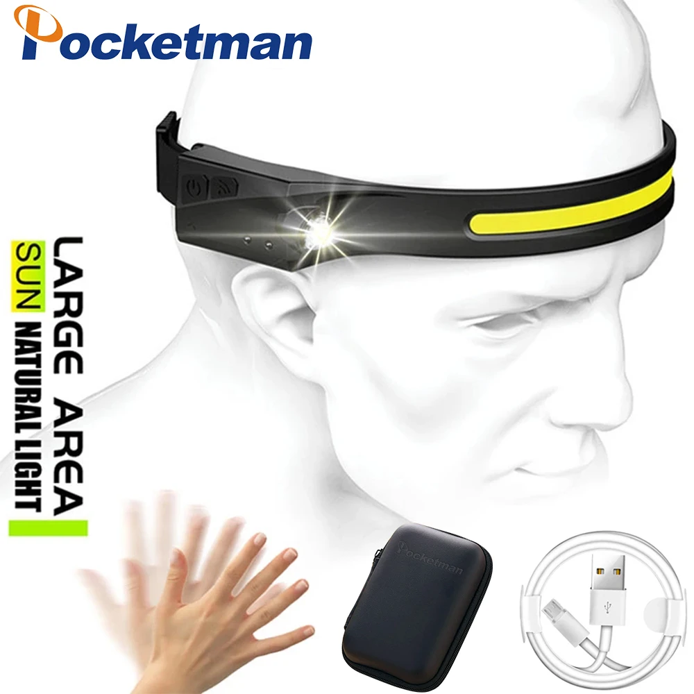

LED Headlamp Sensor COB Headlight with Built-in Battery Flashlight USB Rechargeable Head Lamp Torch 5 Lighting Modes Work Light