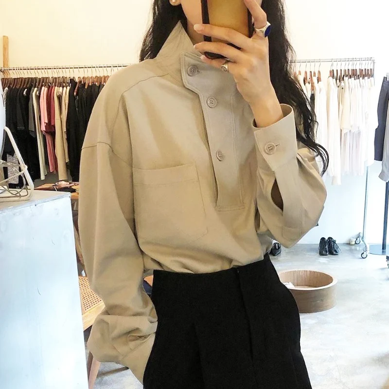 

Women Autumn New Blouse Pocket Stand Collar Korean Chic Solid Color Casual All-match Long-Sleeved Shirt Top Female HK004
