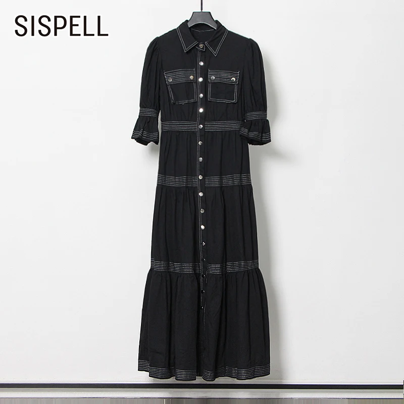 

Женское лоскутное платье SISPELL, однотонное длинное платье с пышными короткими рукавами, отложным воротником, высокой талией и оборками, элег...
