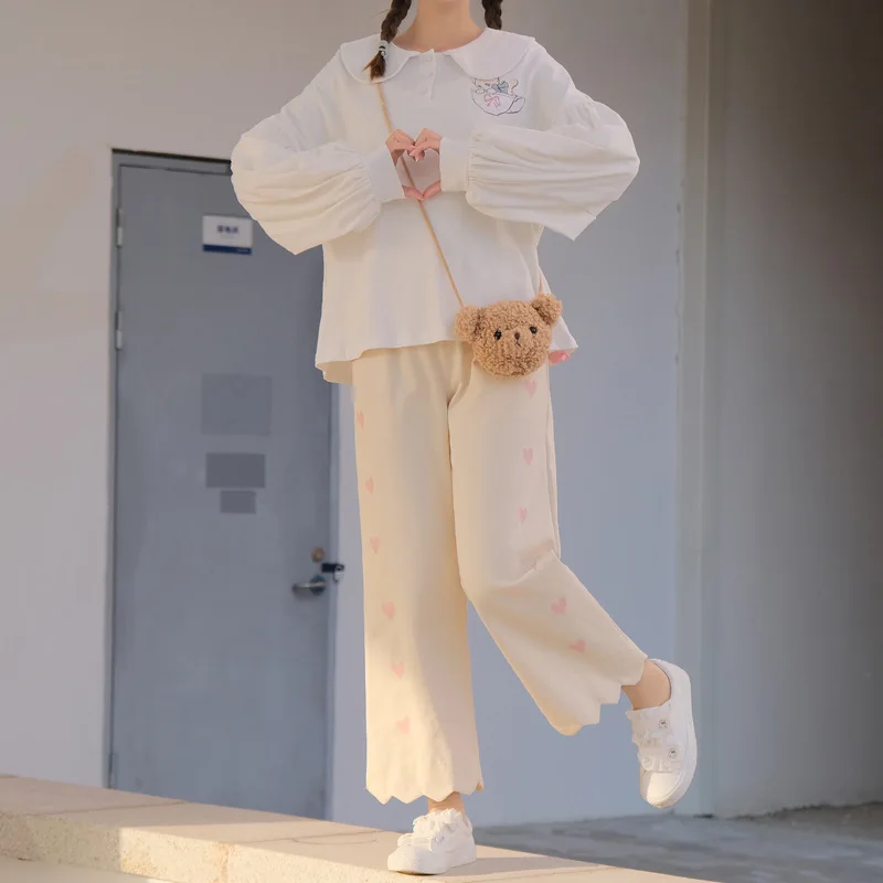 

New Spring Harajuku 2021 Women Pants Casual Girly Loose Elastic Waist Casual Cute Multi-love Petal Korean Fashion Pink Trousers