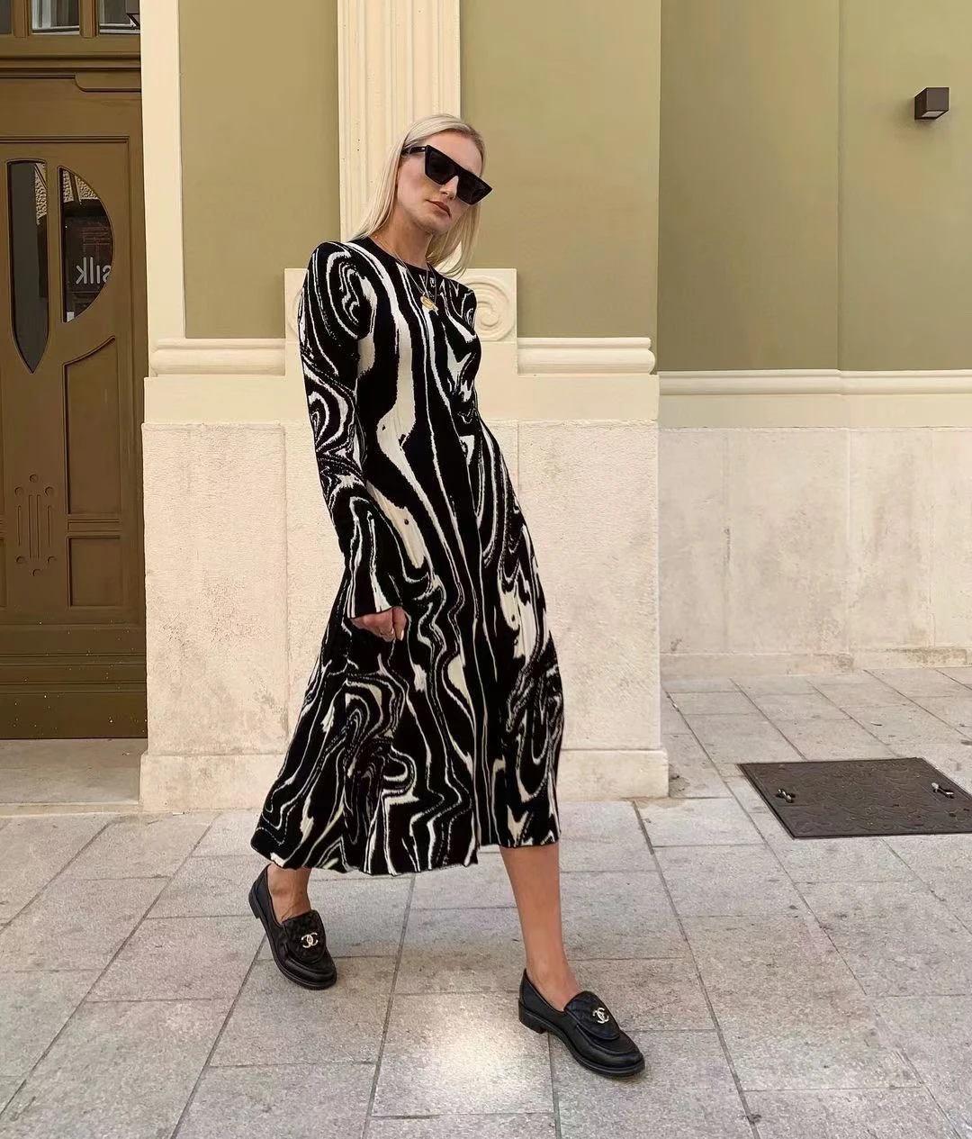 

Women Long Sleeve Ink Pattern Jacquard Sexy Maxi Long Knitted Dress