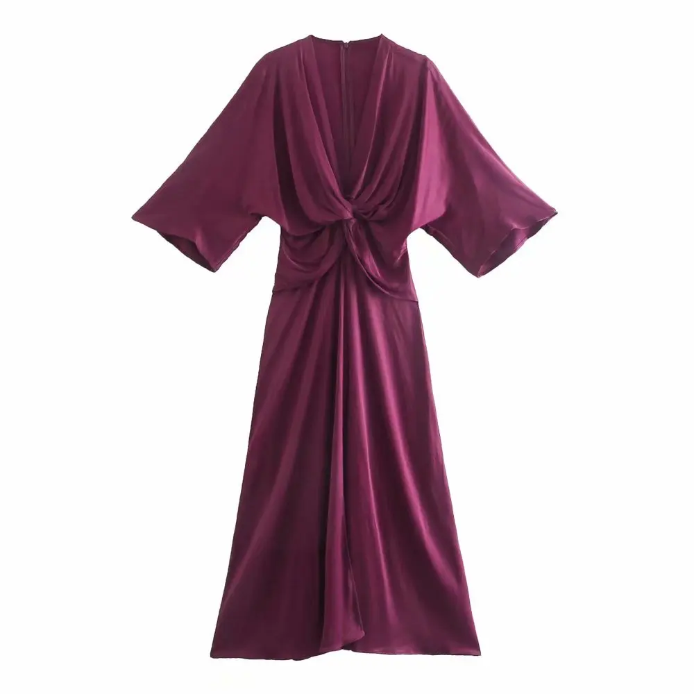 

Женское атласное платье с бантом, элегантное винтажное плиссированное платье с V-образным вырезом и рукавом до локтя, платье для выпускного ...