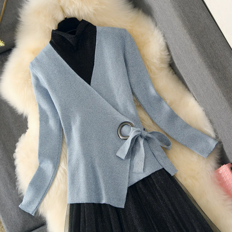 ALPHALMODA модный костюм платье осеннее платье тонкий свитер с длинными рукавами+ Сетчатое платье Элегантный комплект из 2 предметов
