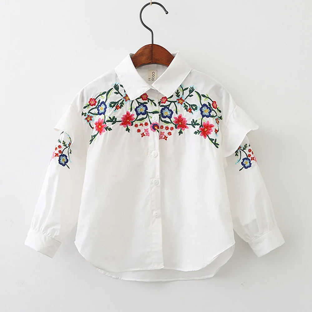 Модная брендовая Блузка для девочек с цветочной вышивкой милая детская Весенняя