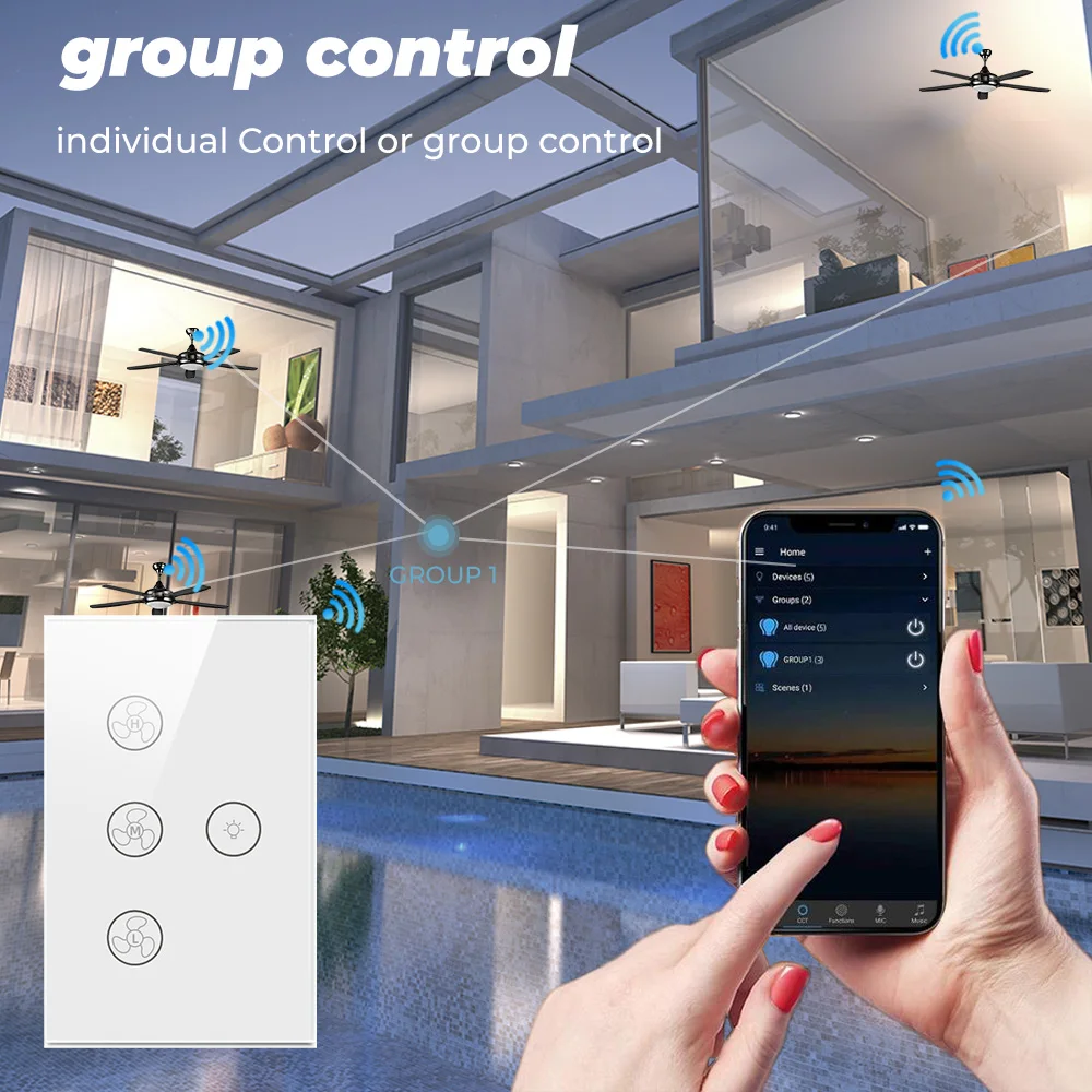 SMATRUL Tuya Wifi Touch Ceiling Fan Light Switch US 220v Smart Life Remote Timer Control Speed Wall Glass For Alexa Google Home images - 6