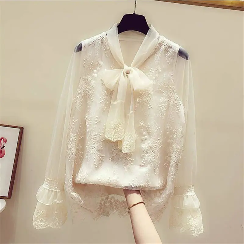 

2019 Sweet Tops Spring Summer Long Sleeve Perspective Blouse Shirt Women BOW-Neck Patchwork Lace Ladies Solid Shirts Loos