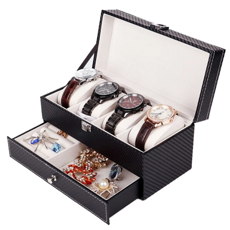 

4 Grids Double Layers Watch Box Case PU Watch Jewelry Rings Earring Organizer K3ND