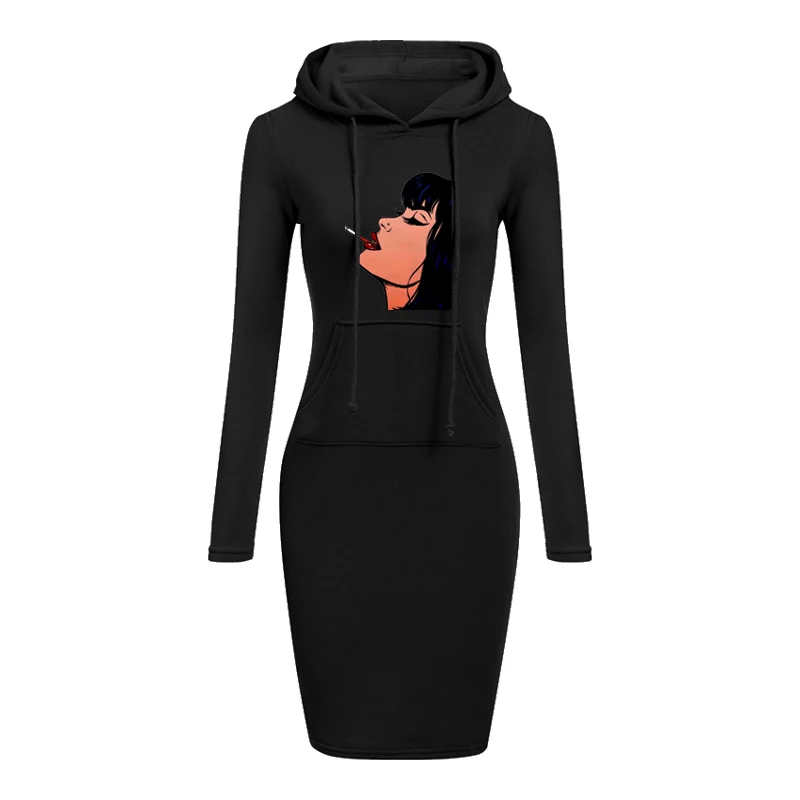 

Women Casual Dress Sweatshirts Sportswear Dresses 2021 Elegant Fashion Print Midi Dress Ladies Hooded Cone Neck New Year Outfits