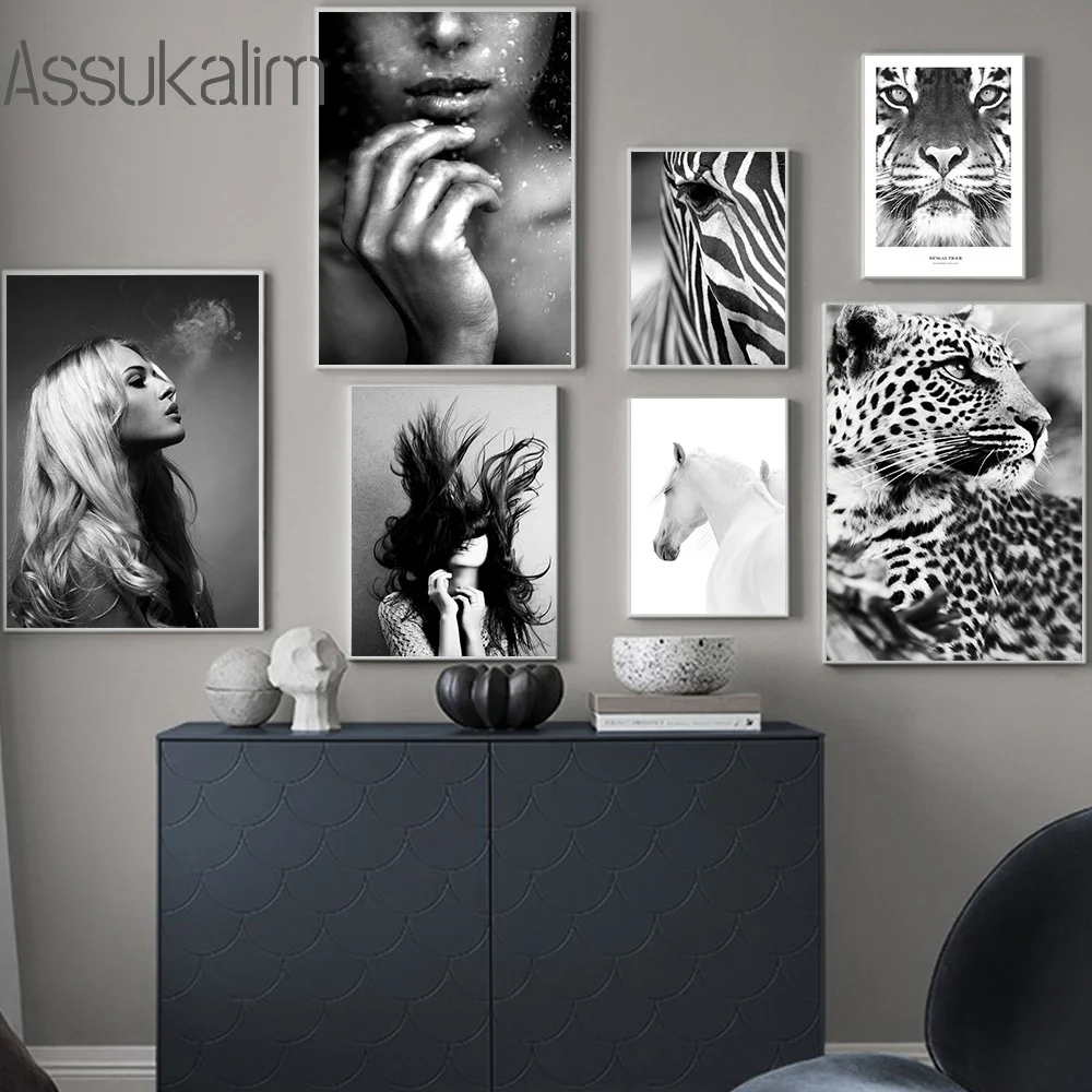 

Black And White Poster Sexy Woman Canvas Painting Horse Leopard Posters Animal Art Prints Nordic Wall Pictures For Bedroom Decor