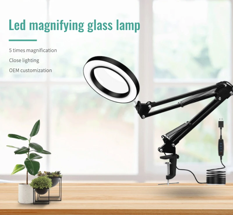 

5 Times Led Magnifying Glass Desk Lamp Dimmable Daylight Bright LED Magnifying Lamp With Utility Clamp Swivel Arm Reading Lamp