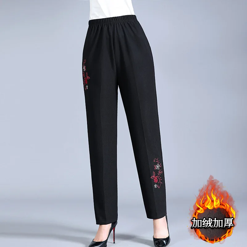 Fdfklak 2022 Autumn Winter New Middle Aged Mother Embroidery Woman Pants High Waisted Fleece Thicken Trousers Plus XL-5XL
