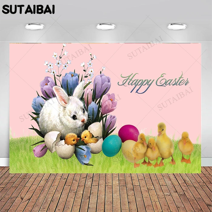

Spring Bunny Grassland Flowers Basket Easter Eggs Newborn Children Decoration Vinyl Photo Props Studio
