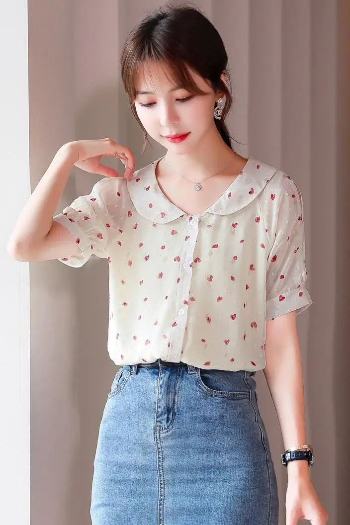 

COIGARSAM Floral Print blouse women New Summer Chiffon Peter pan Collar blusas womens tops and blouses Apricot 5129