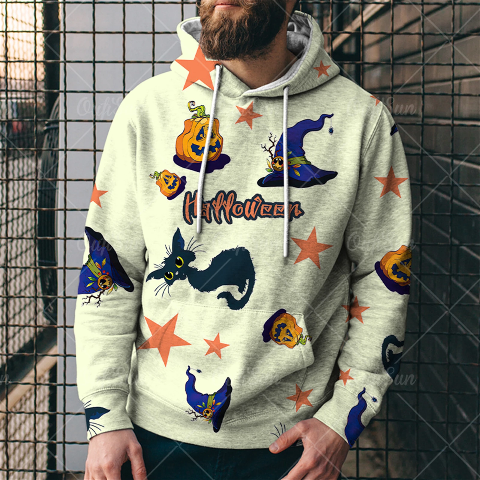 

Classic Halloween Print Round Neck Soft Pullover Tops Men Sweat-Absorbent Long-Sleeved Sports Commuter Hoodie Drawstr Sweatshirt