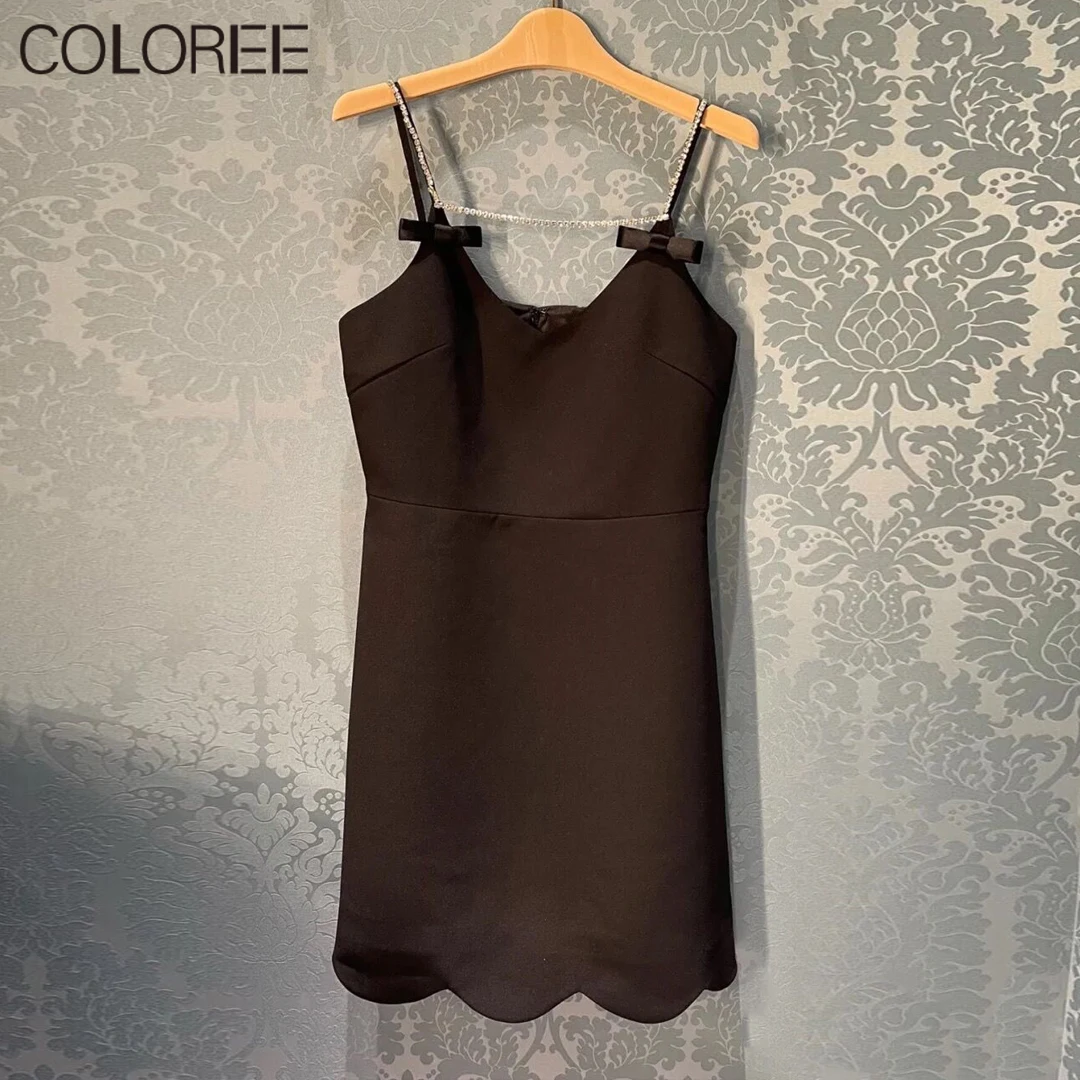 

С сексуальным v-образным вырезом черная Спагетти ремень Мини платья для женщин 2021 в Корейском стиле; Модная обувь с украшением в виде криста...