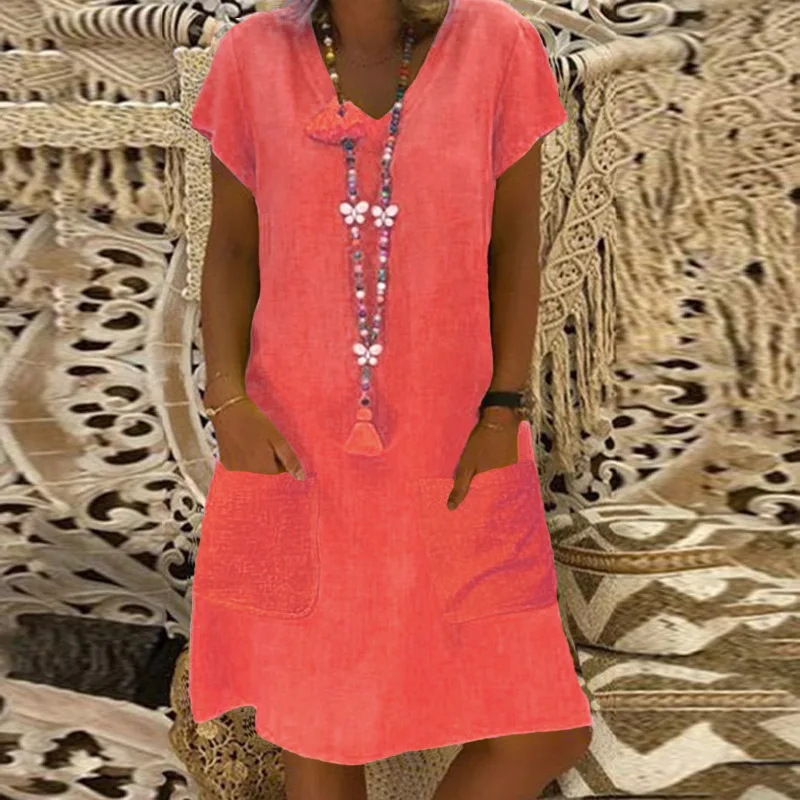Женское летнее платье с карманами и v-образным вырезом однотонное свободное