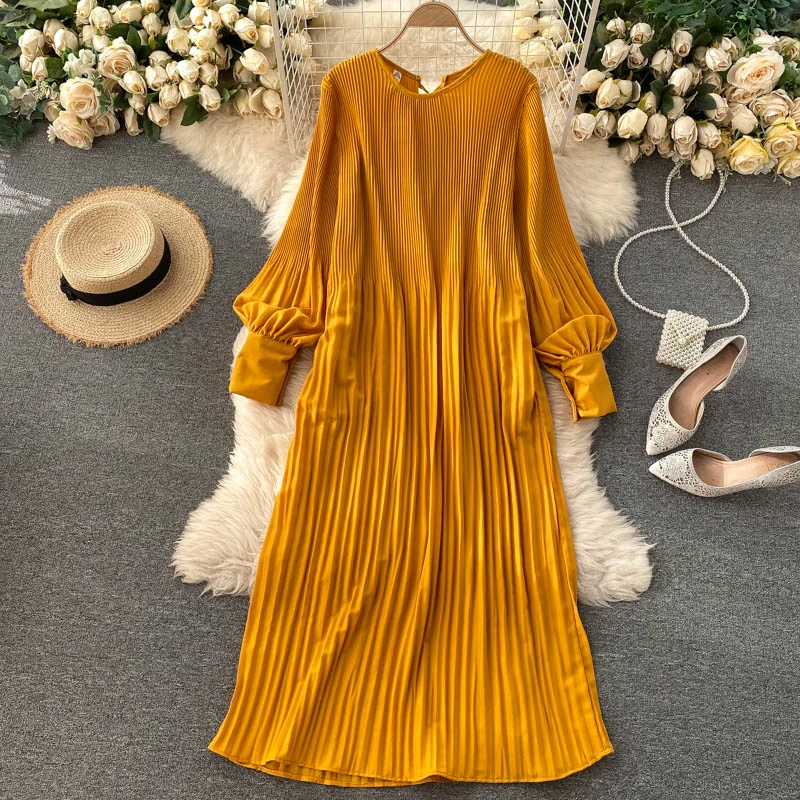 

New Spring Women Lace Up Hollow Out Back A-line Pleated Chiffon Maxi Dress Fashion Full Sleeve Round Neck Long Dress