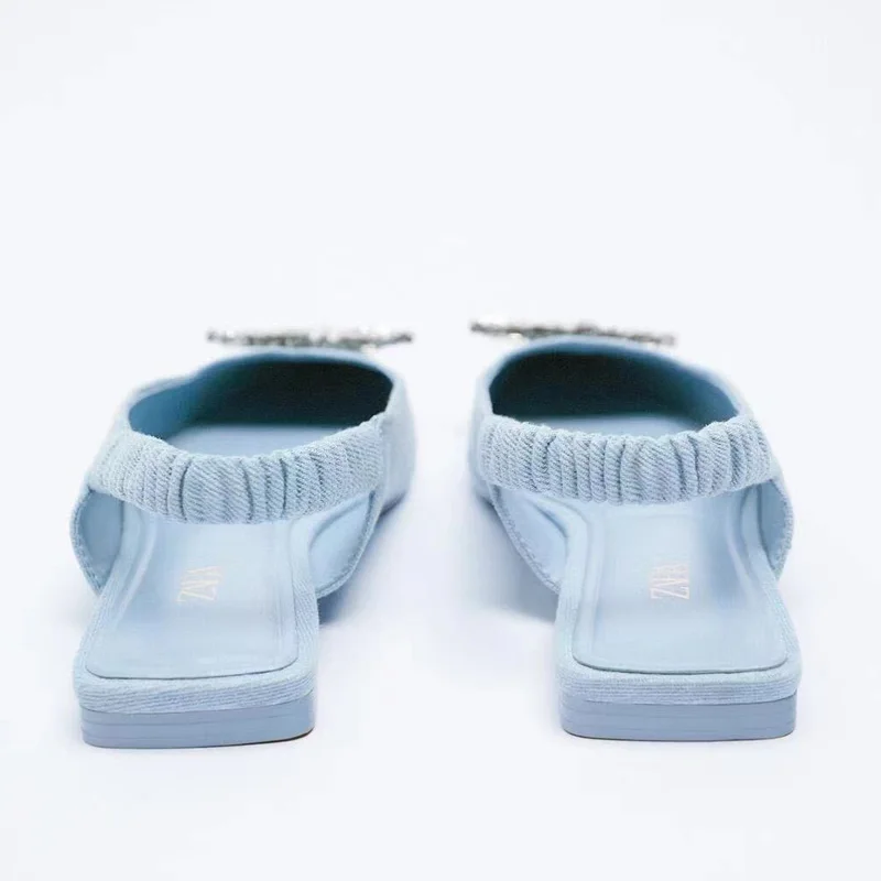 TRAF Flat Shoes Women Fashion Shiny Denim Slingback Shoes Rhinestone Buckle Pointed Toe Female Mules luxury Brand Woman Shoes