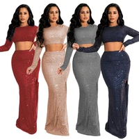 sequined two piece set skirt women sexy long sleeve backless lace up crop top high slit long skirts night club party outfits