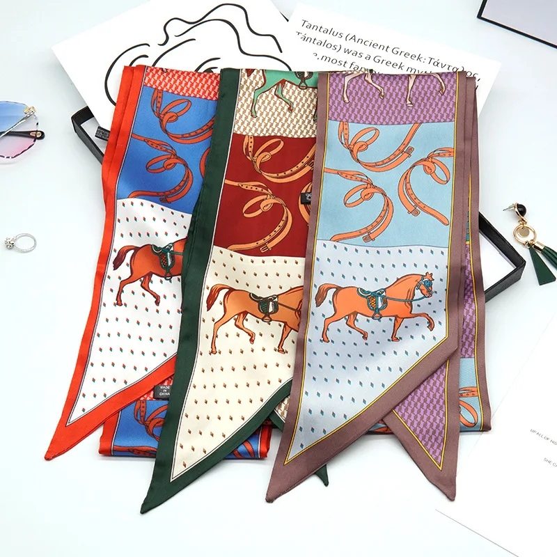 

luxury brand Silk Scarf Women Designer Horse Animal Print Scarf Small Handle Bag Ribbons Female Neckerchief Head Long Scarves