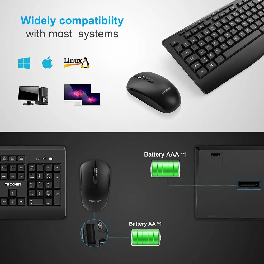 TeckNet 2 4 ГГц полноразмерная эргономичная беспроводная клавиатура и мышь