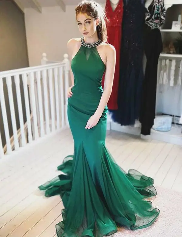 

CloverBridal Mermaid Beading Green Evening Dress Halter Tulle Prom Dress vestido de fiesta de boda Dress For Women 2021 WE9571