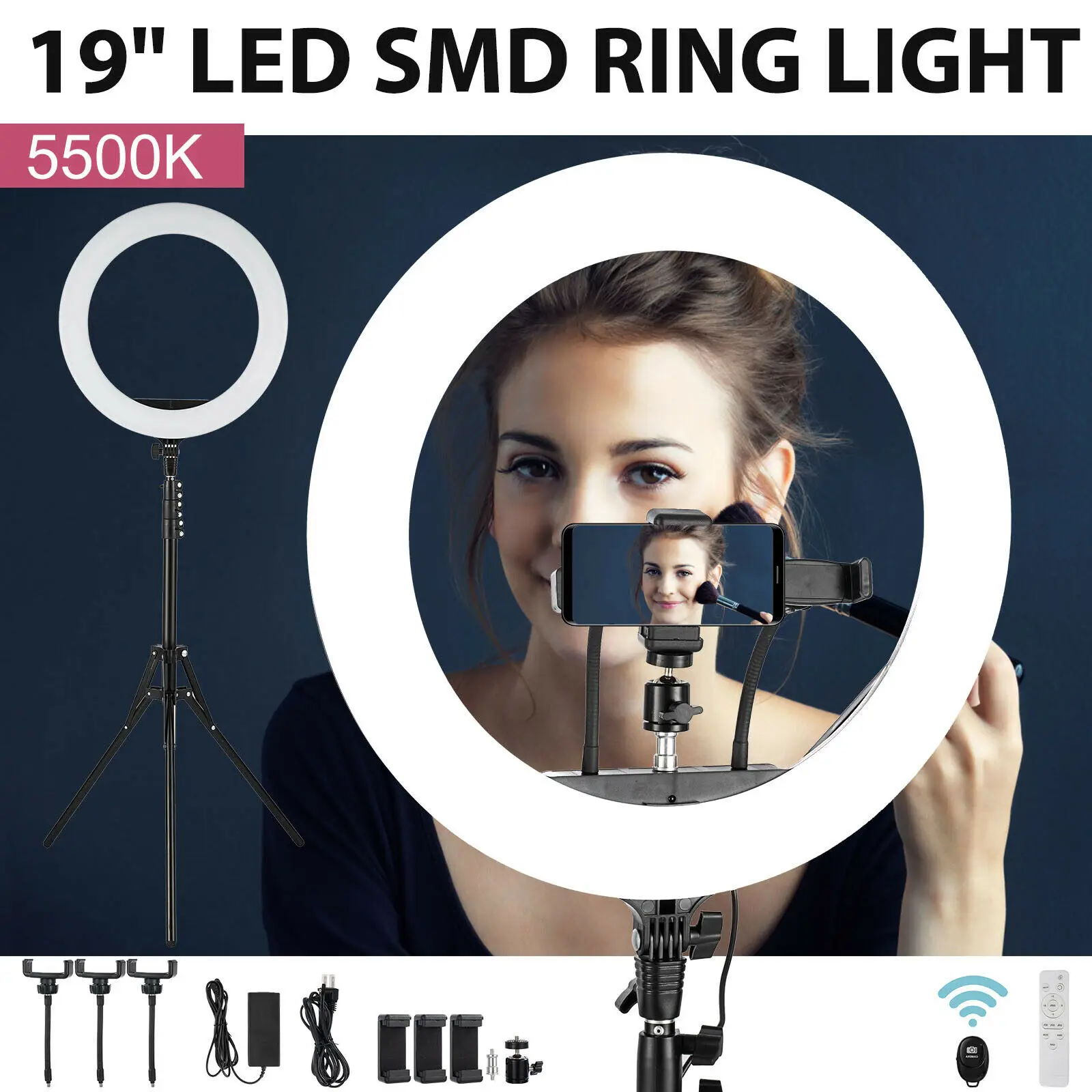 Купить Оссветильник итель светодиодный кольцевой для селфи, 19 дюймов, 6000 К, с регулировкой яркости