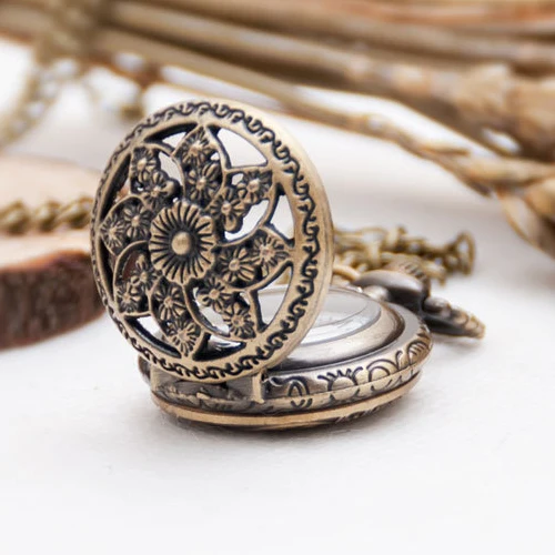 

Fashion Vintage Retro Bronze quartz watch pocket Chain pendant necklace (lotus)