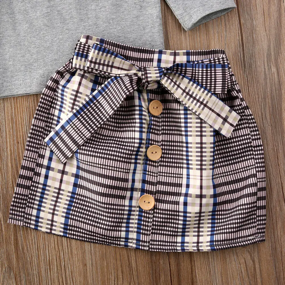 Baby Girl Clothes Girls Warm Fly-Sleeve Long Sleeve Tops Toddler Bow Plaid Skirt Kids Outfit Autumn Winter 2PCS Set