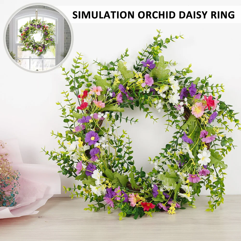 

Artificial Silk Flower Wreath 15.7Inch Round Dotted Colorful Orchid Chrysanthemum Eucalyptus Leaf Flower for Wedding Party Decor