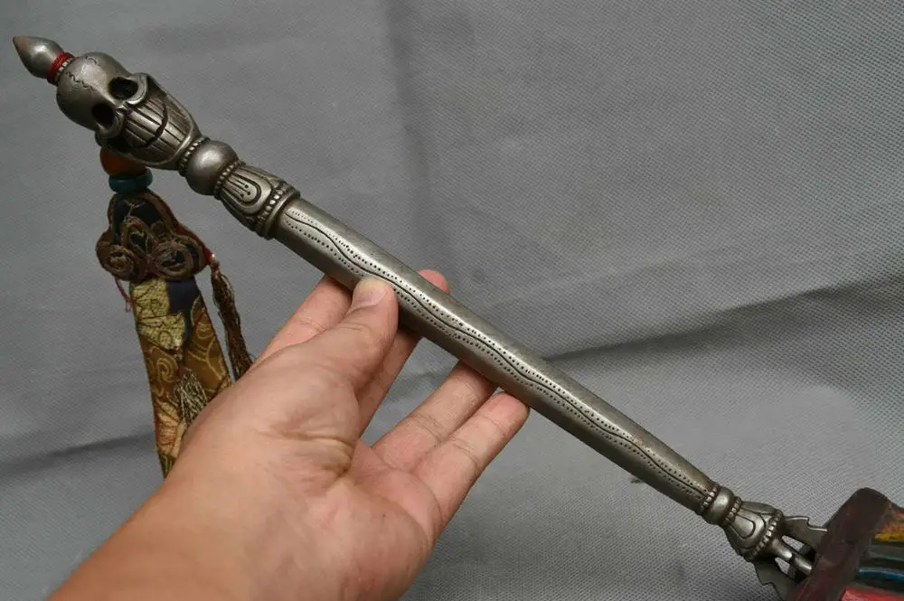 

wedding decoration Old Tibet Tantra FaQi Tian Iron Meteorite Skull Phurba Dagger Holder Staves