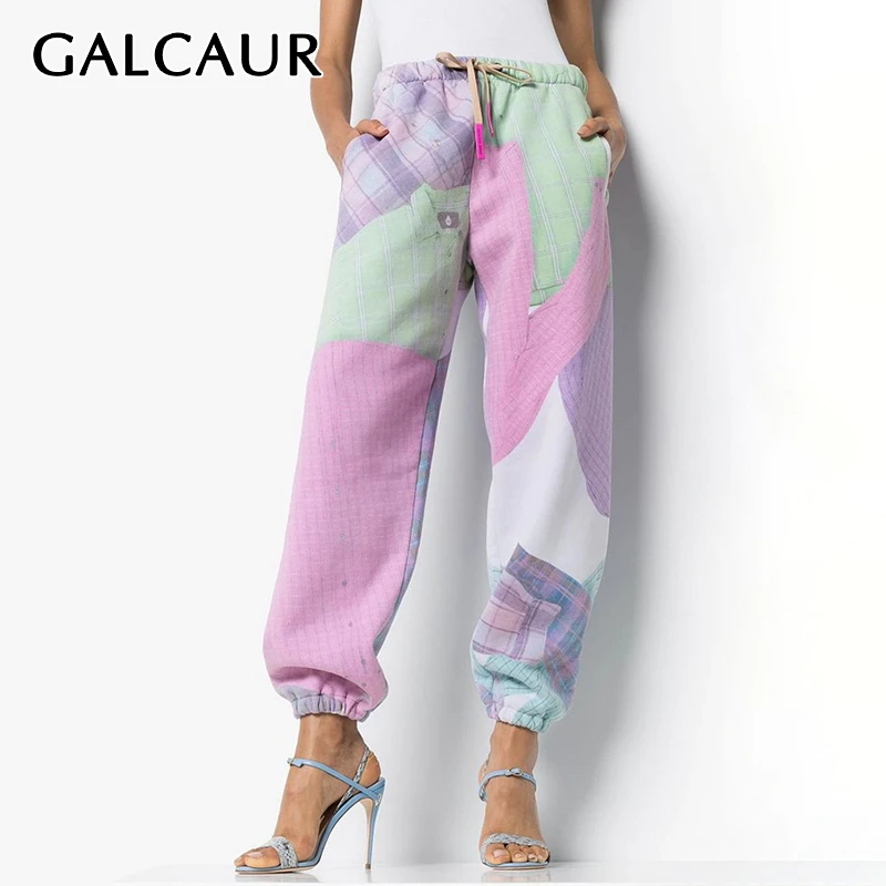 

GALCAUR Print Pant For Women Mid Waist Hit Color Pockets Lace Up Casual Harem Full Pants Female Autumn Clothes 2020 Fashion New