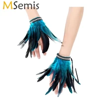 msemis 1 pair feather wrist cuffs faux pearllace real decor natural dyed rooster feather arm cuffs halloween party costume