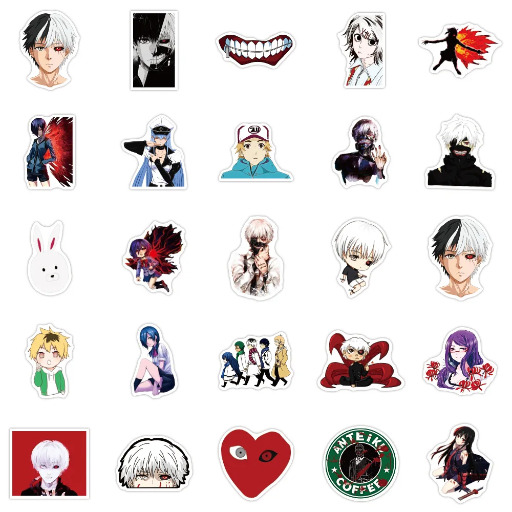 Pegatina de Tokio Ghoul Anime adecuada para equipaje, taza de agua, port&aacute;til, decoraci&oacute;n para refrigerador, 10/30/50 Uds., venta al por mayor-3