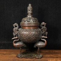 10chinese folk collection old bronze cinnabar lacquer dragon binaural crane three legged incense burner office ornaments